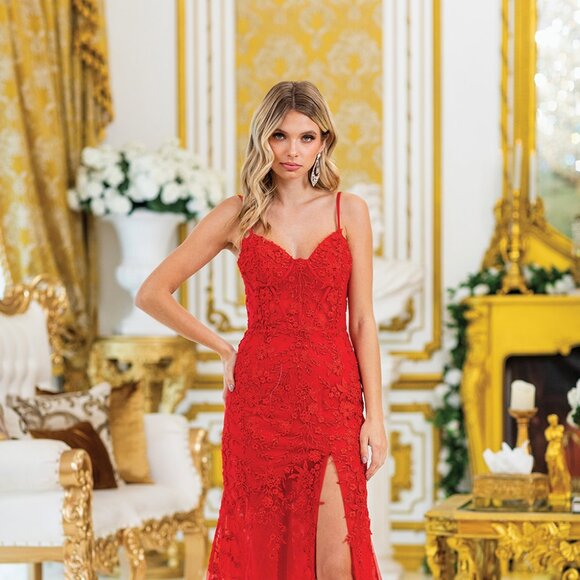 New Red Floral Lace Embellished Long Sheath Festive Gown w/ Leg Slit DQ 4501 - Picture 1 of 9